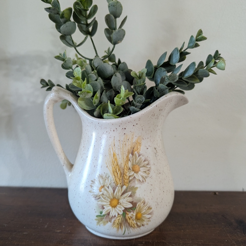 Vintage Pottery Daisy Jug Pitcher Floral Cottagecore Mid Century Modern Design